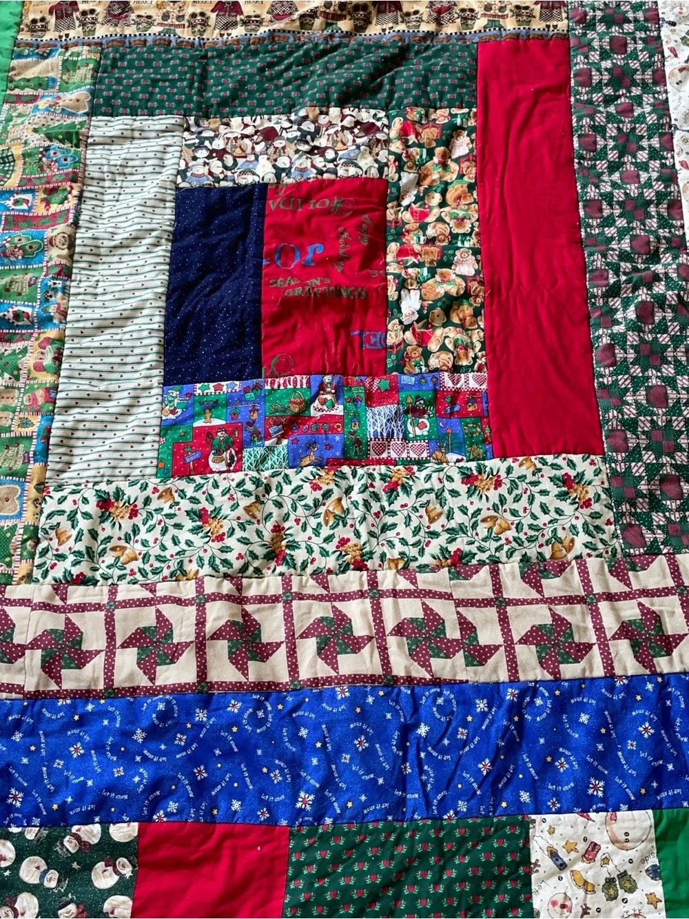 Handcrafted Patchwork Quilt in Red, Green, Blue